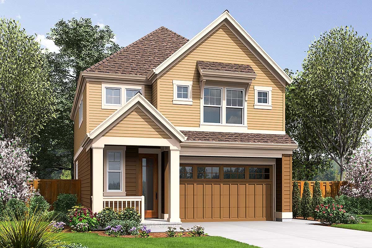 Two-story house plan exterior with Craftsman style. Features include a front porch, gables, and a two-car garage. A brown, gabled roof is present.