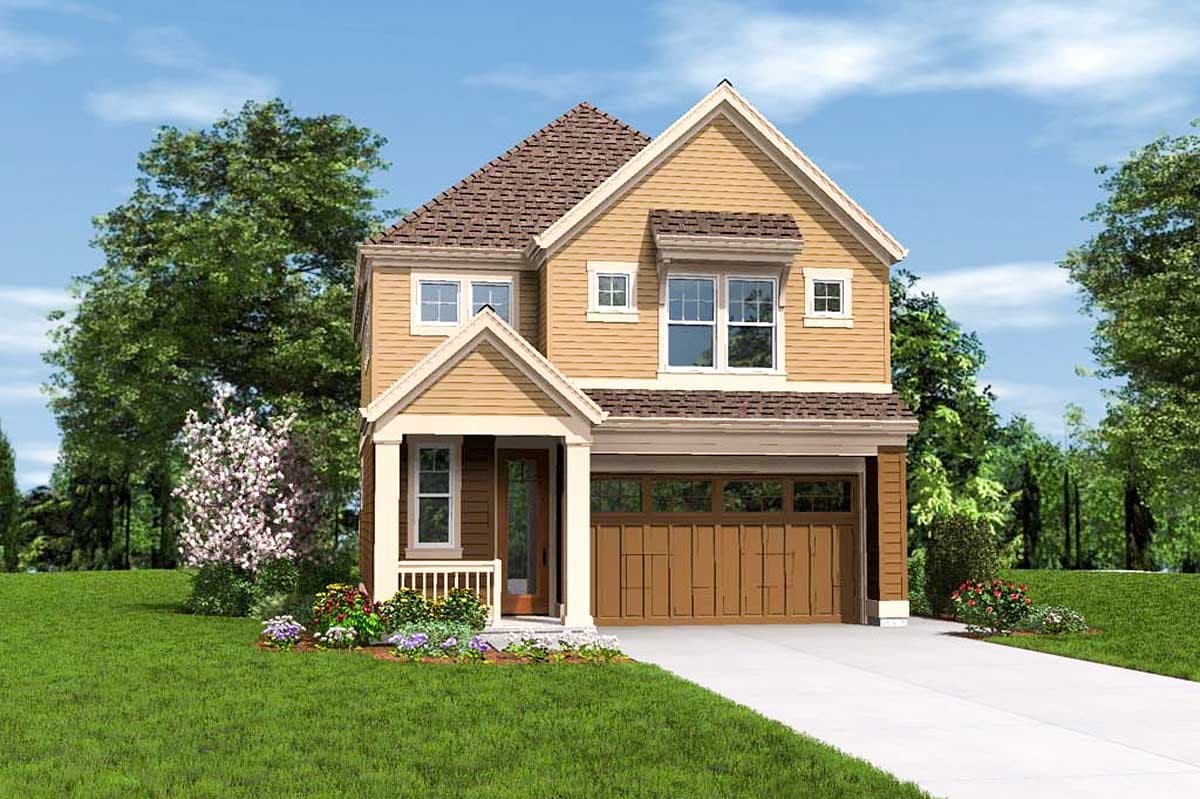 House plan exterior: Two-story home with a gable roof, covered front porch, and two-car garage.