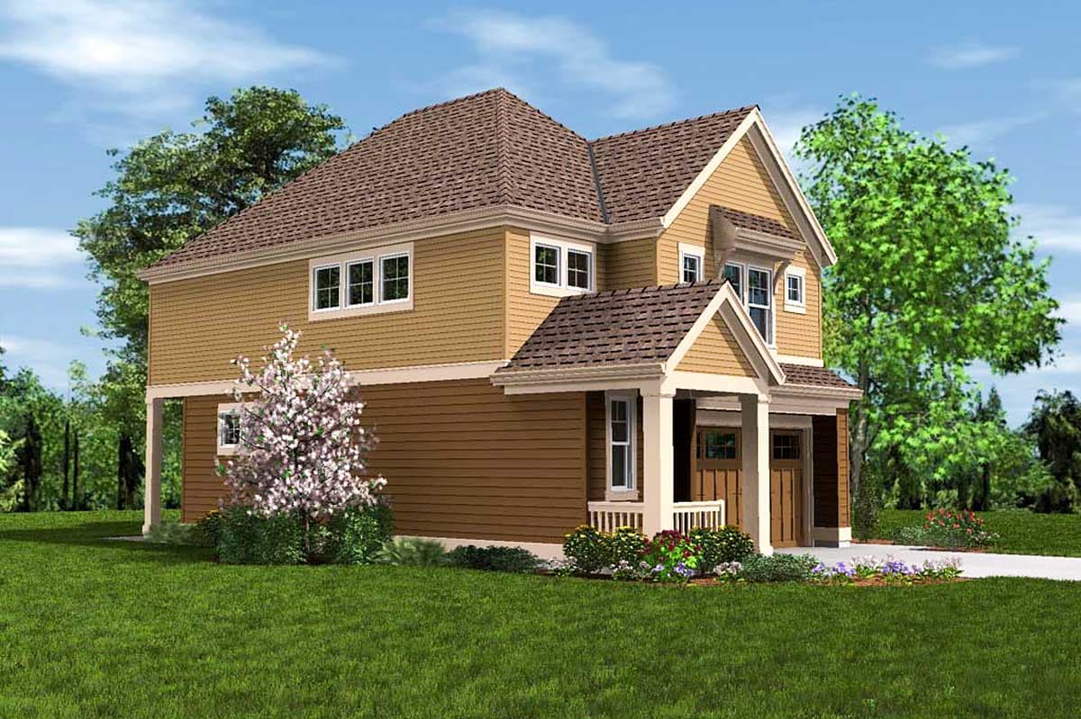 House plan exterior: Two-story home with a front-facing garage, covered porch with columns, and prominent gabled dormers.