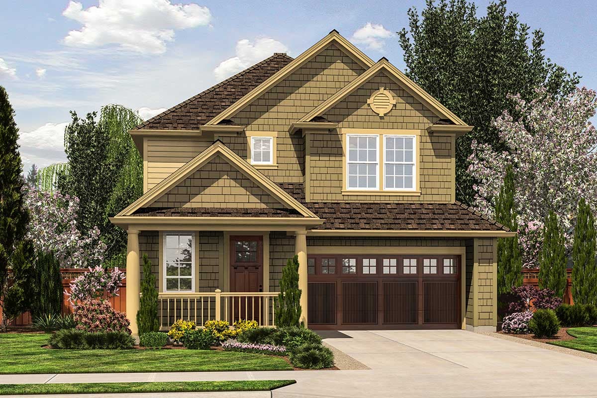 Craftsman house plan exterior with a covered front porch, multiple gables, and a two-car garage.