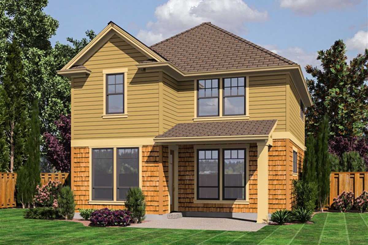 House plan exterior of a two-story home with a covered entry, shingle siding accents, and a prominent gable.