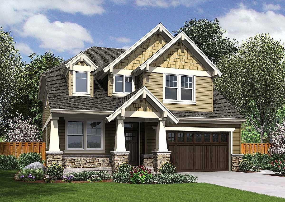 House plan exterior, two stories, with stone accents, gabled dormers, and covered porch.