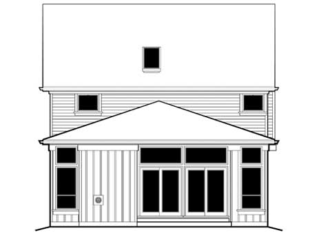 House plan rear elevation showing two stories, siding, large window wall, and a gable roof over a covered area.