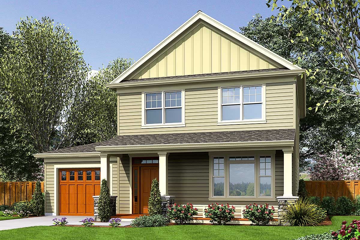 House plan exterior: Two-story home with a covered front porch, attached garage, and prominent front gable with vertical siding.