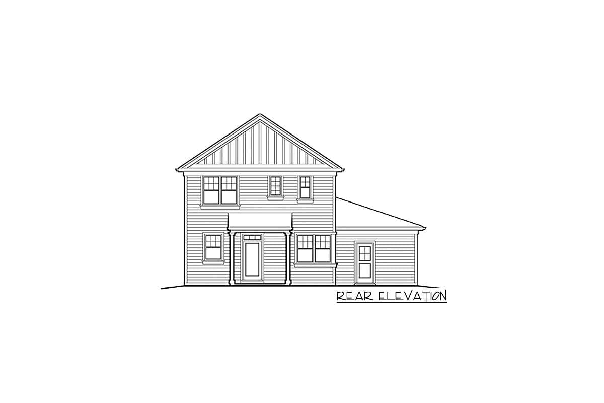 Rear elevation drawing of a two-story house plan with a covered porch and dormer.