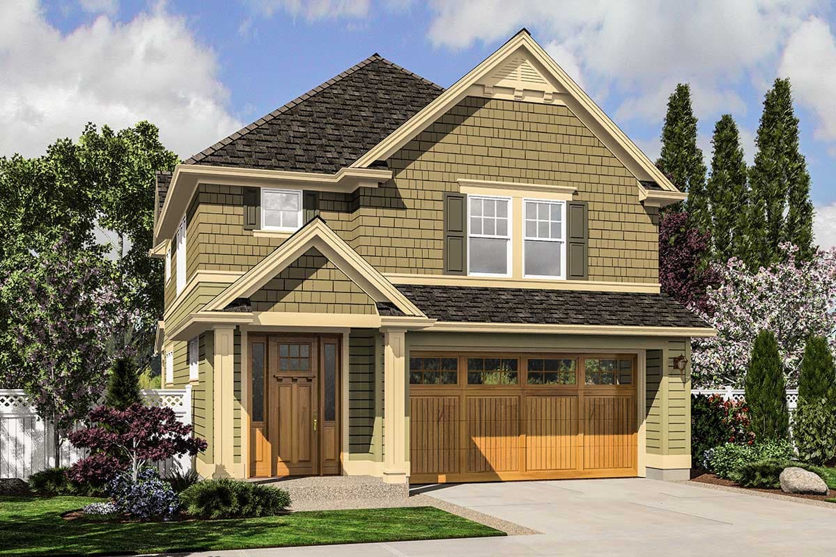 Two-story house plan exterior with a gable roof, covered front entry with wood door, and attached wood garage doors.