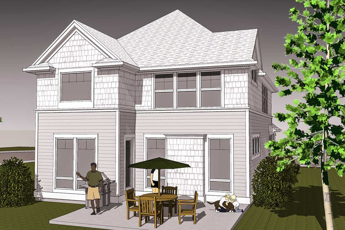House plan exterior of a two-story home featuring gables, dormers, shingle siding, and a patio with outdoor furniture.