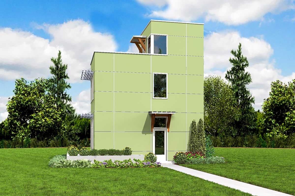 Modern house plan exterior with two stories, green siding, multiple windows, and a prominent entrance.