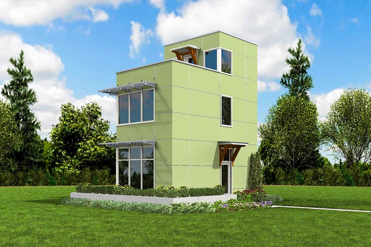 Modern house plan exterior, three stories, with large windows and cantilevered awnings.