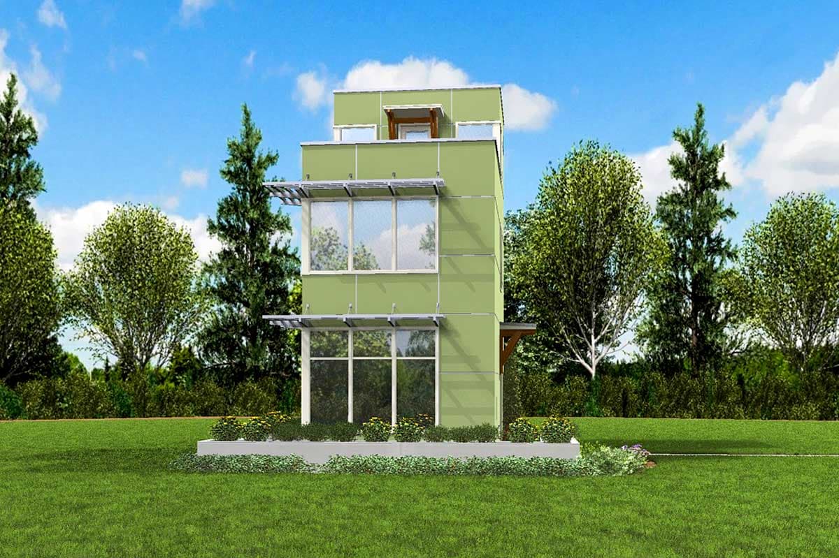 Modern house plan exterior, three stories, flat roof, large windows with horizontal sunshades.