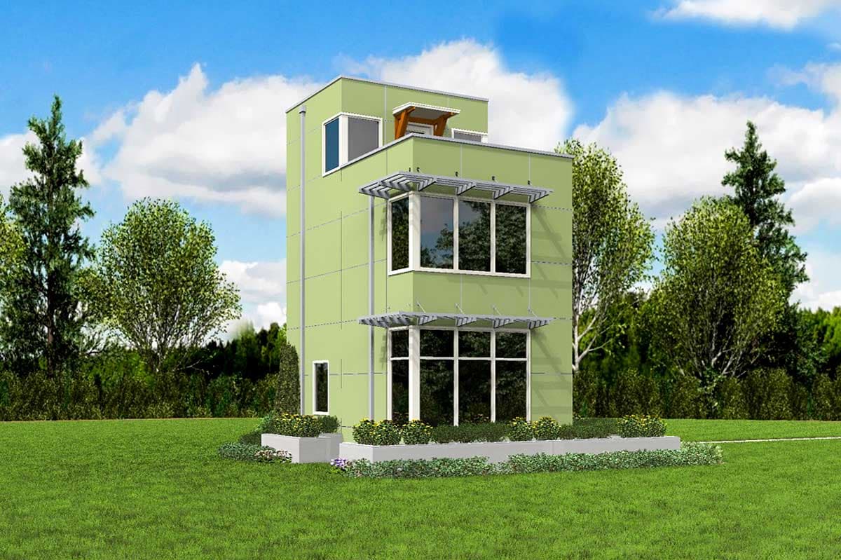 Modern house plan exterior: three-story, box-shaped, featuring large multi-pane windows and sunshades.