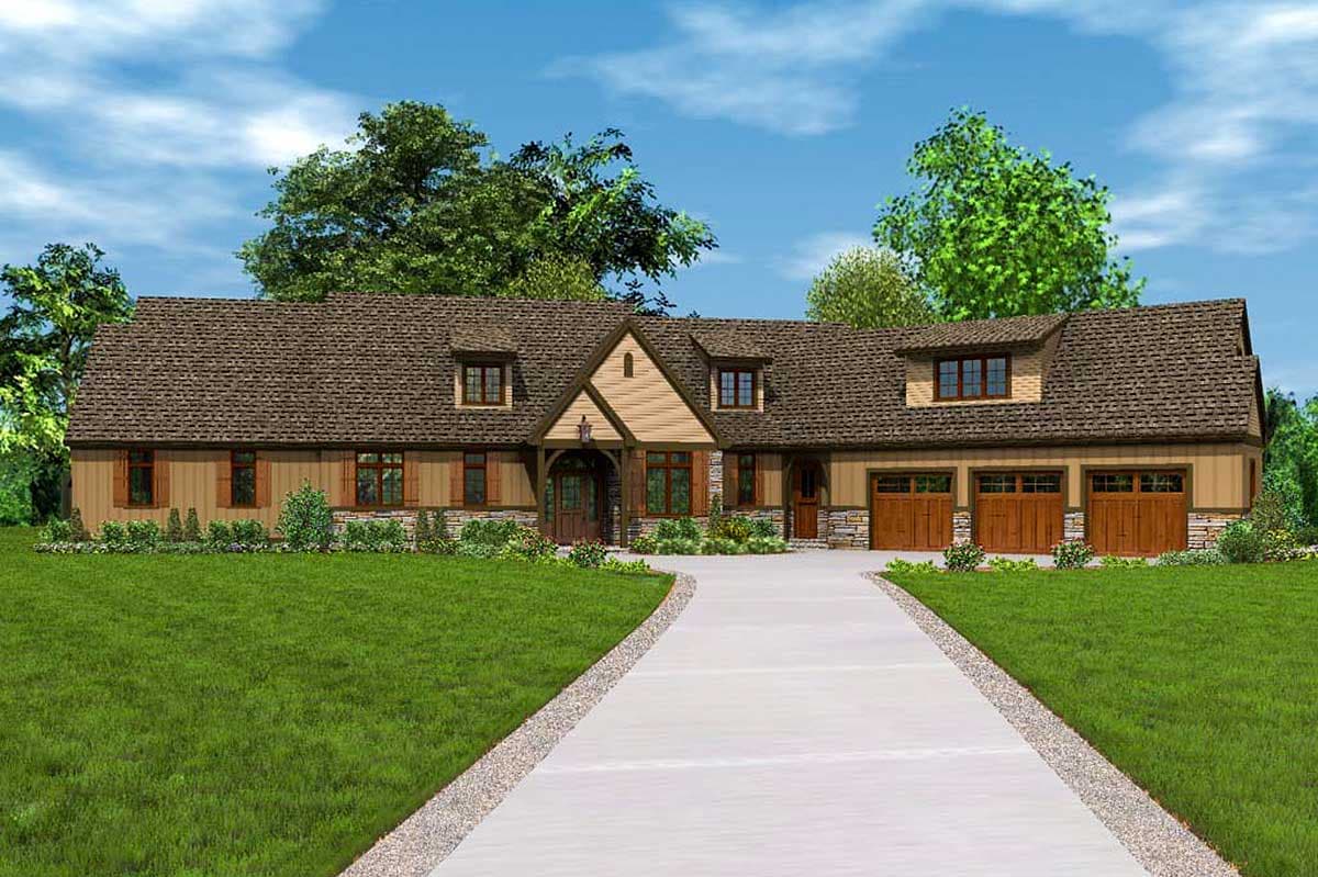 House plan exterior: Ranch style, dormers, covered entry with stone accents, and a three-car garage.