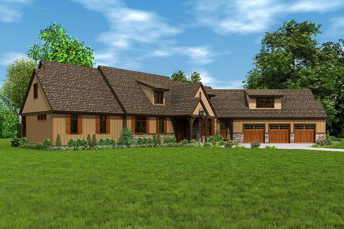 House plan exterior: Two-story home with steep gables, dormers, stone foundation, and a three-car garage.