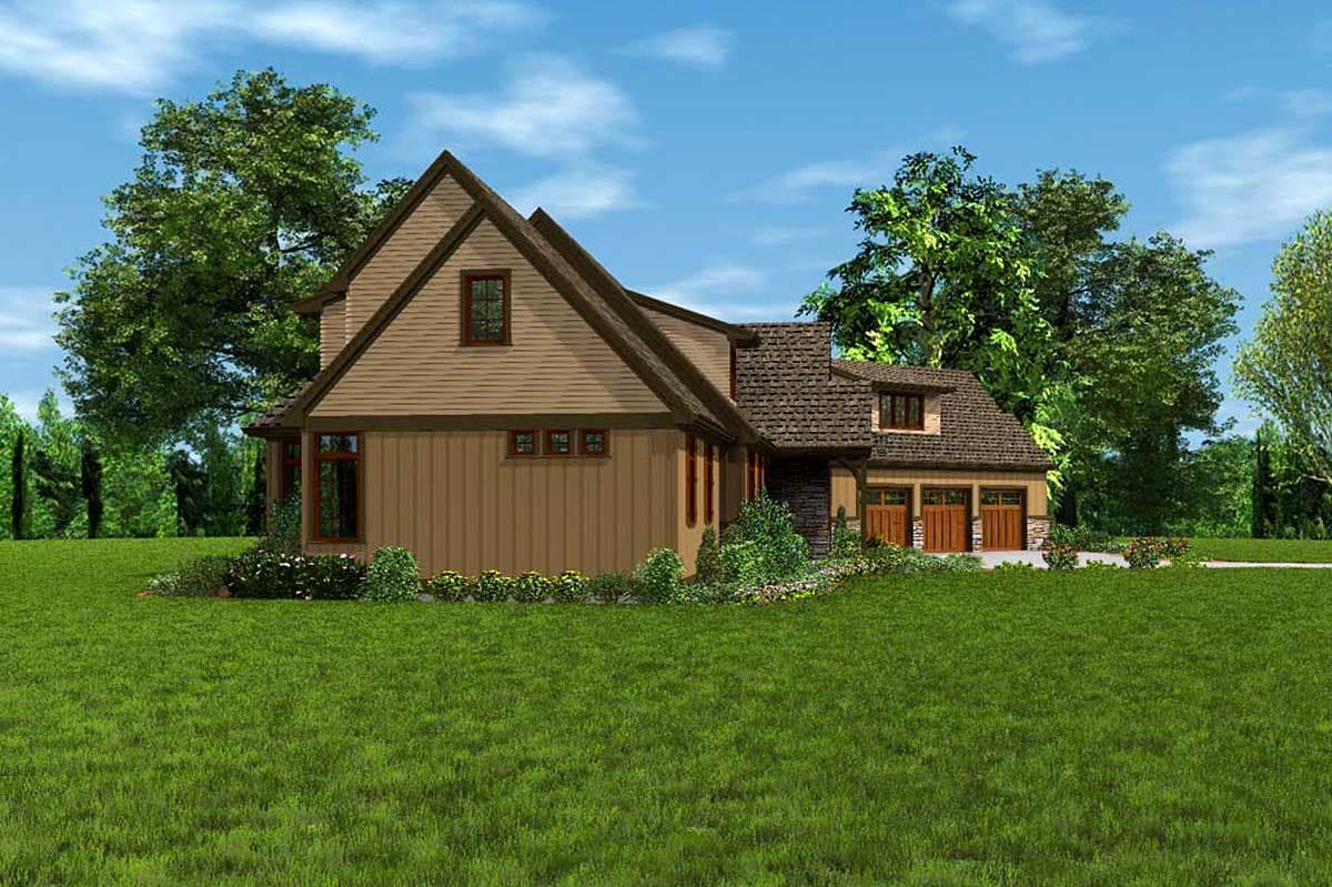House plan exterior: Two-story A-frame style with gabled roof, board and batten siding, dormer, and three-car garage.