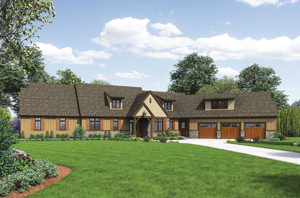 House plan exterior: A one-and-a-half-story home with a prominent gable over the entrance, dormers, and a three-car garage.