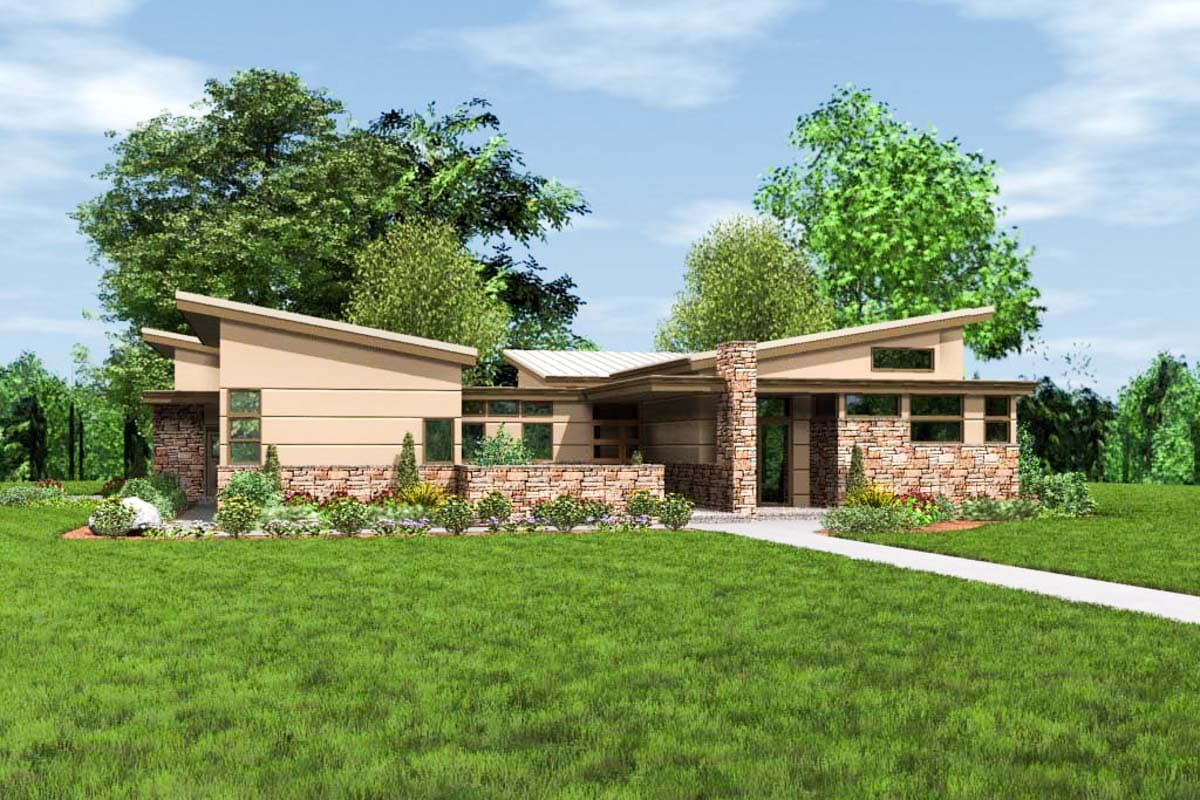 Modern house plan exterior with angled rooflines, stone accents, horizontal siding, and clerestory windows.