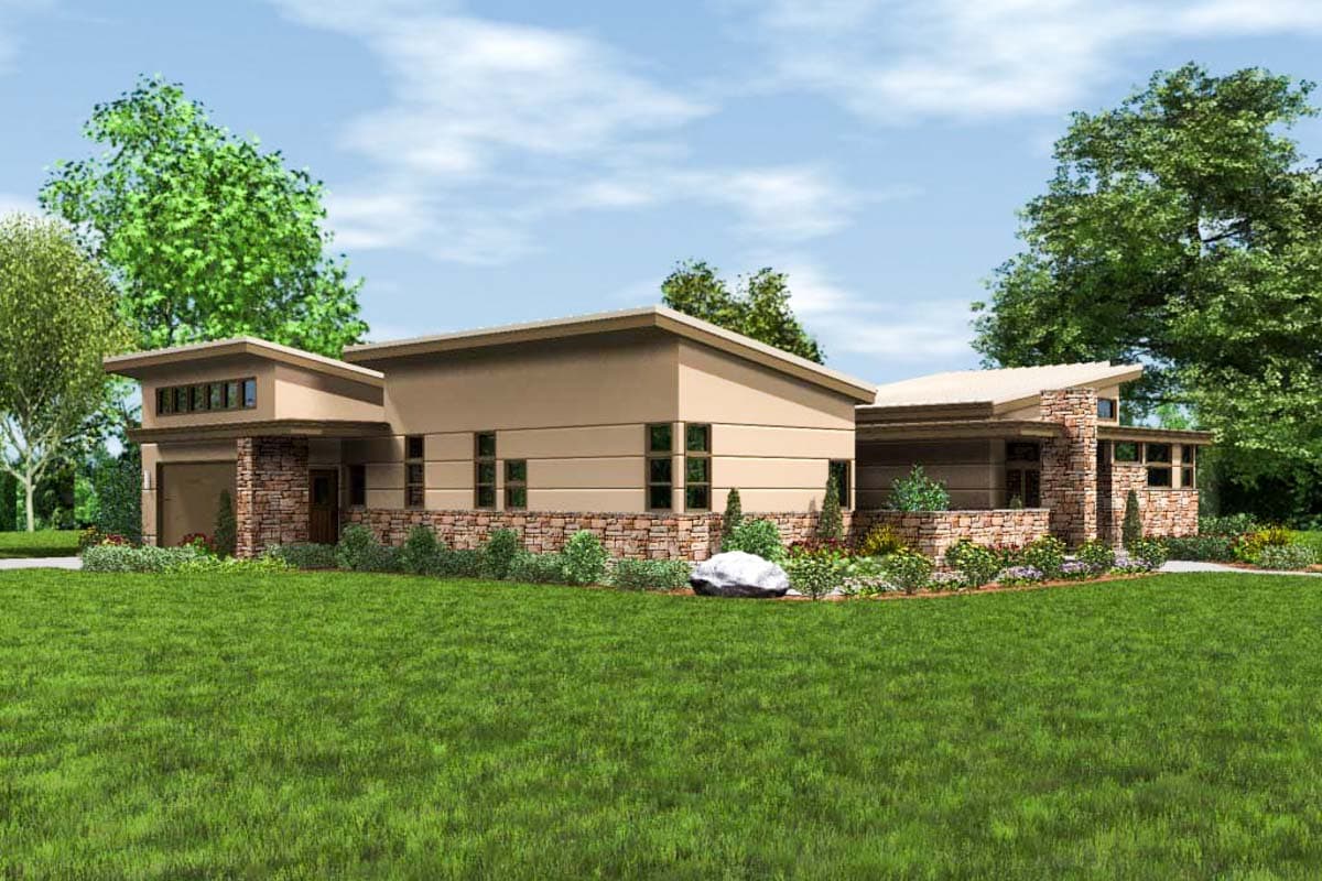 Modern house plan exterior with stone accents, a detached garage, and low-pitched rooflines.