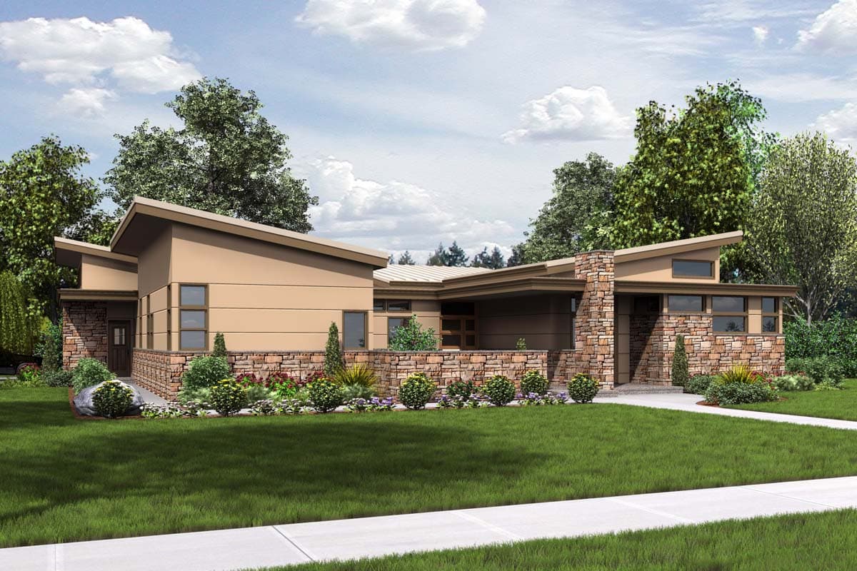 House plan exterior. Modern style, single-story home with a low-pitched roof, stone accents, and rectangular windows. Includes a covered entry.