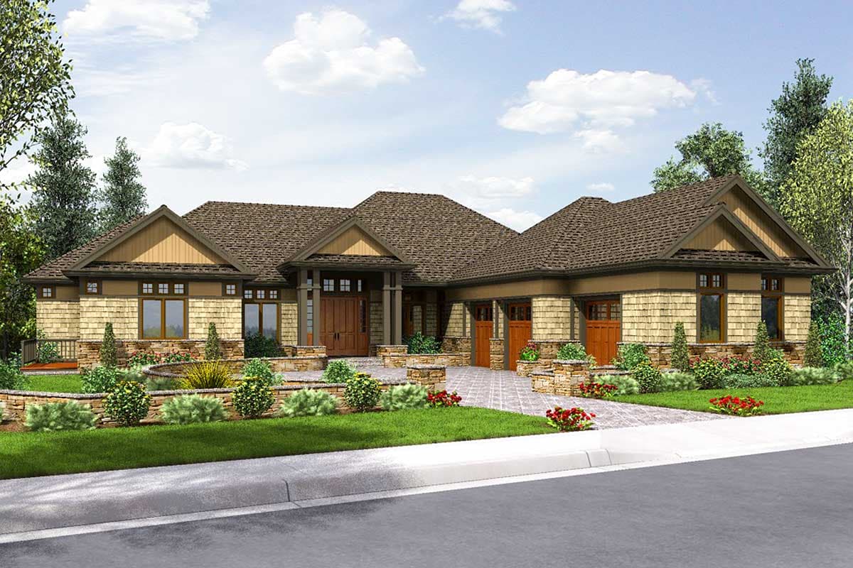 House plan exterior featuring a Craftsman style. The one-story design has a gable roof, shake siding, and a covered porch with stone detailing.