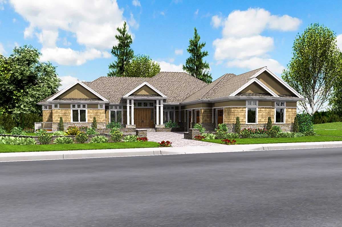 House plan exterior: one-story Modern Farmhouse with a covered entry, multiple gables, and stone and shake siding.