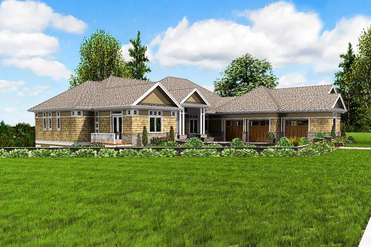 House plan exterior of a single-story Modern Farmhouse with a three-car garage, covered entry, gabled dormers, and stacked stone accents.