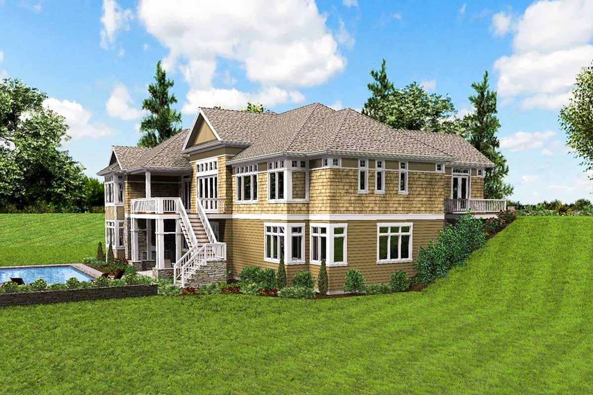 House plan exterior rendering of a two-story home with shake siding, multi-level decks, and a swimming pool.