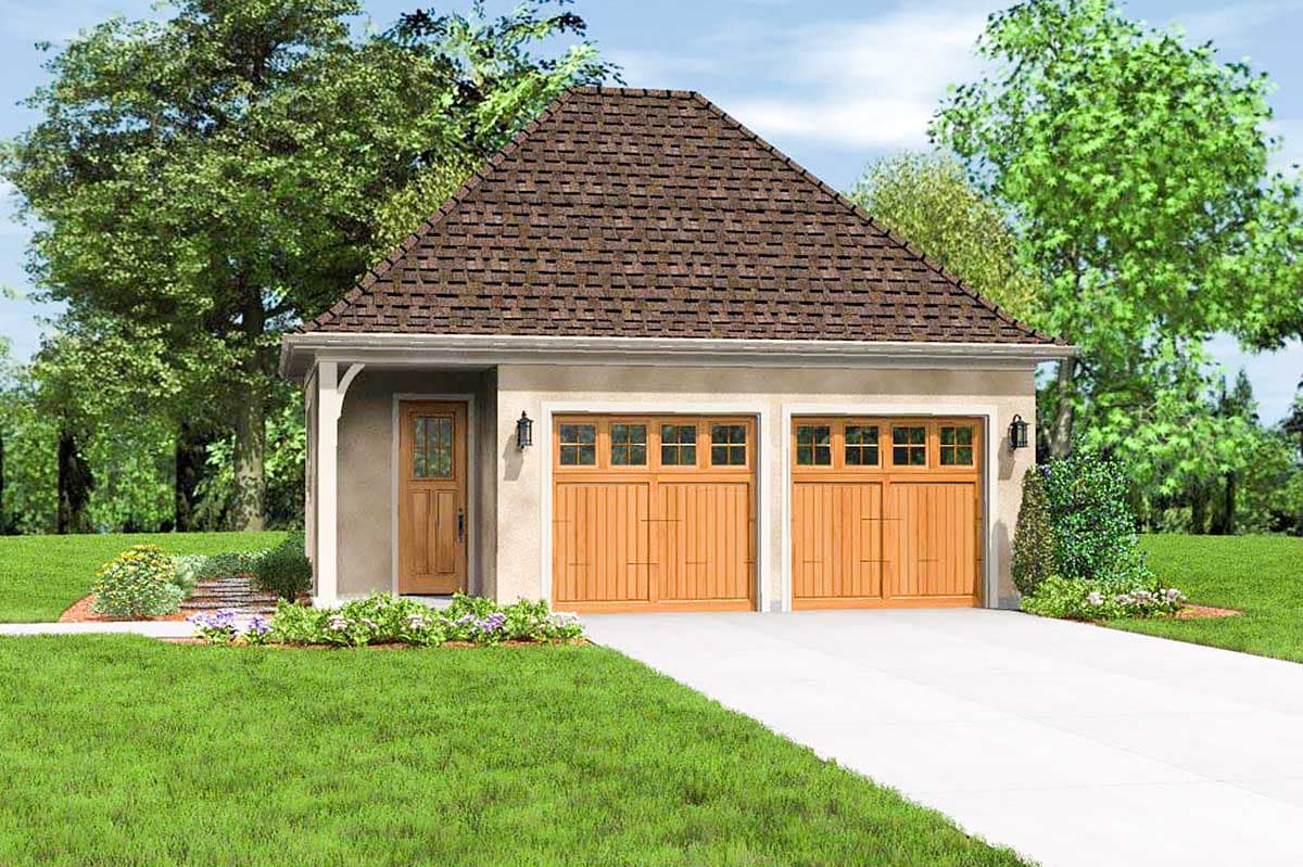 House plan exterior: Two-car garage with a hipped roof and a single front entry door.