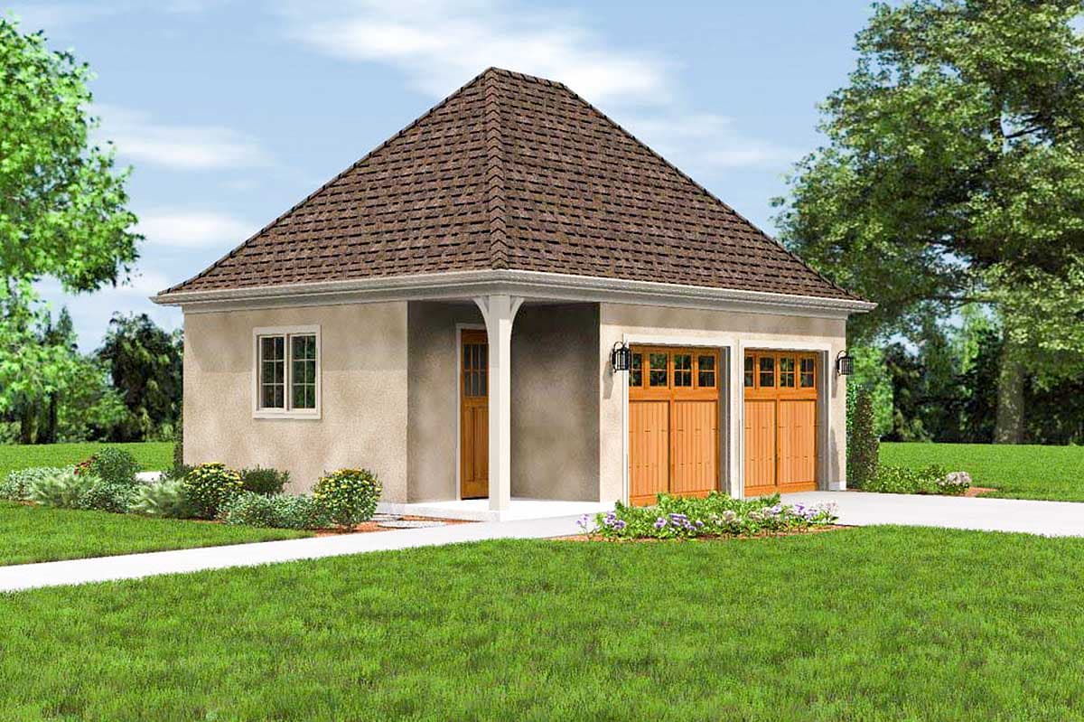 House plan exterior for a one-story building with a hip roof, a covered porch with an arch, and two wooden garage doors.