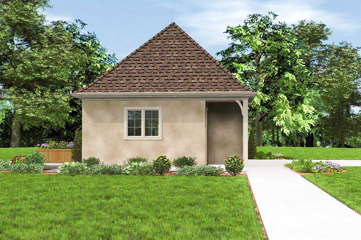 House plan exterior: One-story building with stucco finish, gable roof, and a covered entry with arched support.