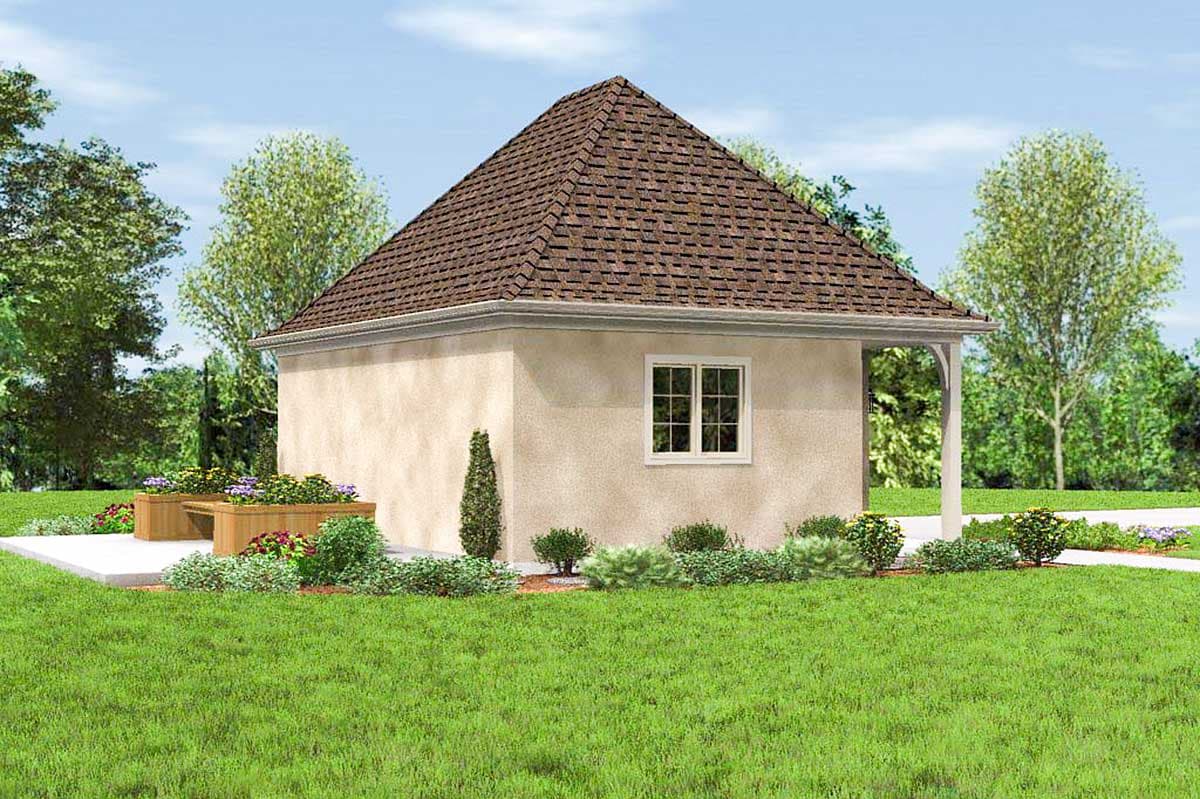 House plan exterior with stucco finish, hip roof, and covered porch support.