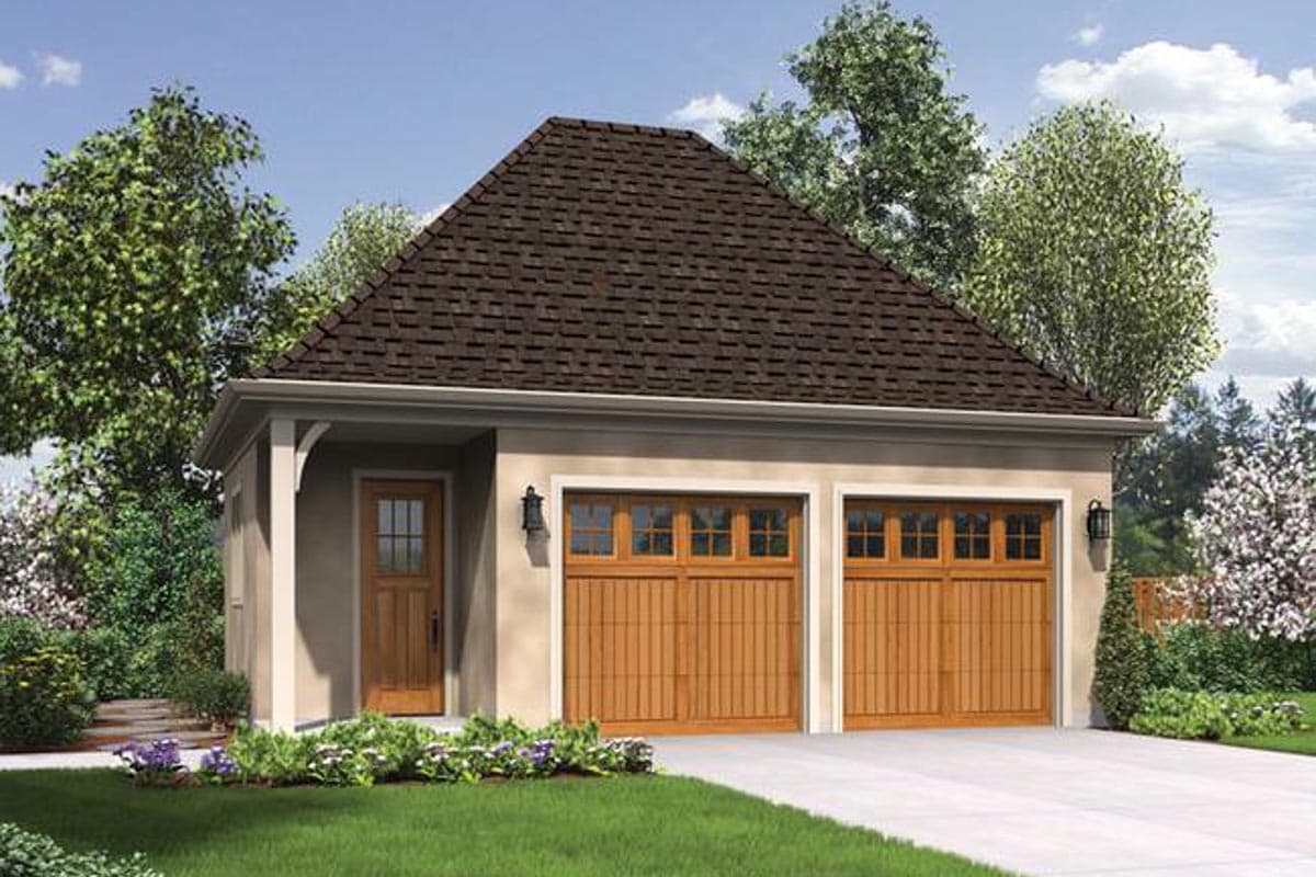House plan exterior: Garage with two wooden doors, one side door with glass panes, and a prominent gabled roof.