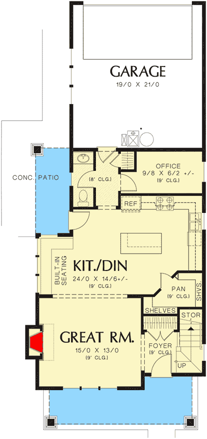 Plan 69518AM: Narrow Home Plan with Rear Garage - 1636 Sq Ft - Floor Plan - Main Level - Cottage, Craftsman, Northwest