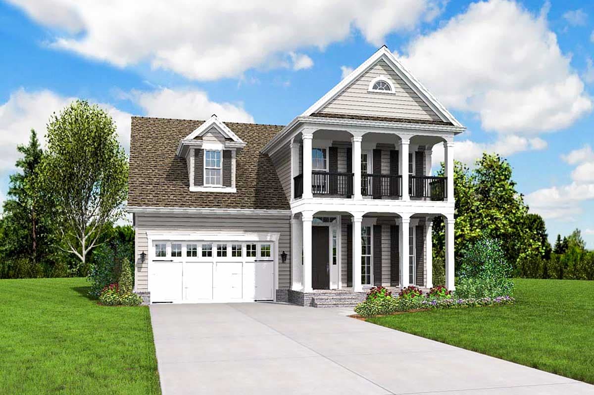 House plan exterior: two-story, side-entry garage, double-tiered front porch with columns, dormer, and arched gable vent.