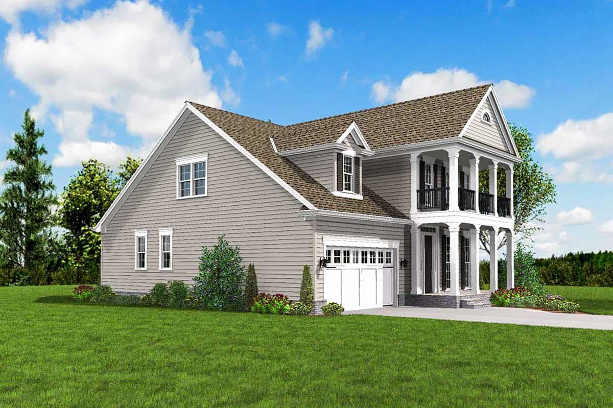 House plan exterior: Two-story home with a side-entry garage, double-columned portico, and upper balcony.