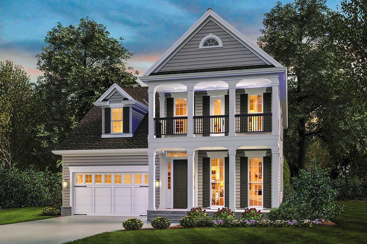 Two-story house plan exterior with prominent front porch, dormer window, and attached garage.