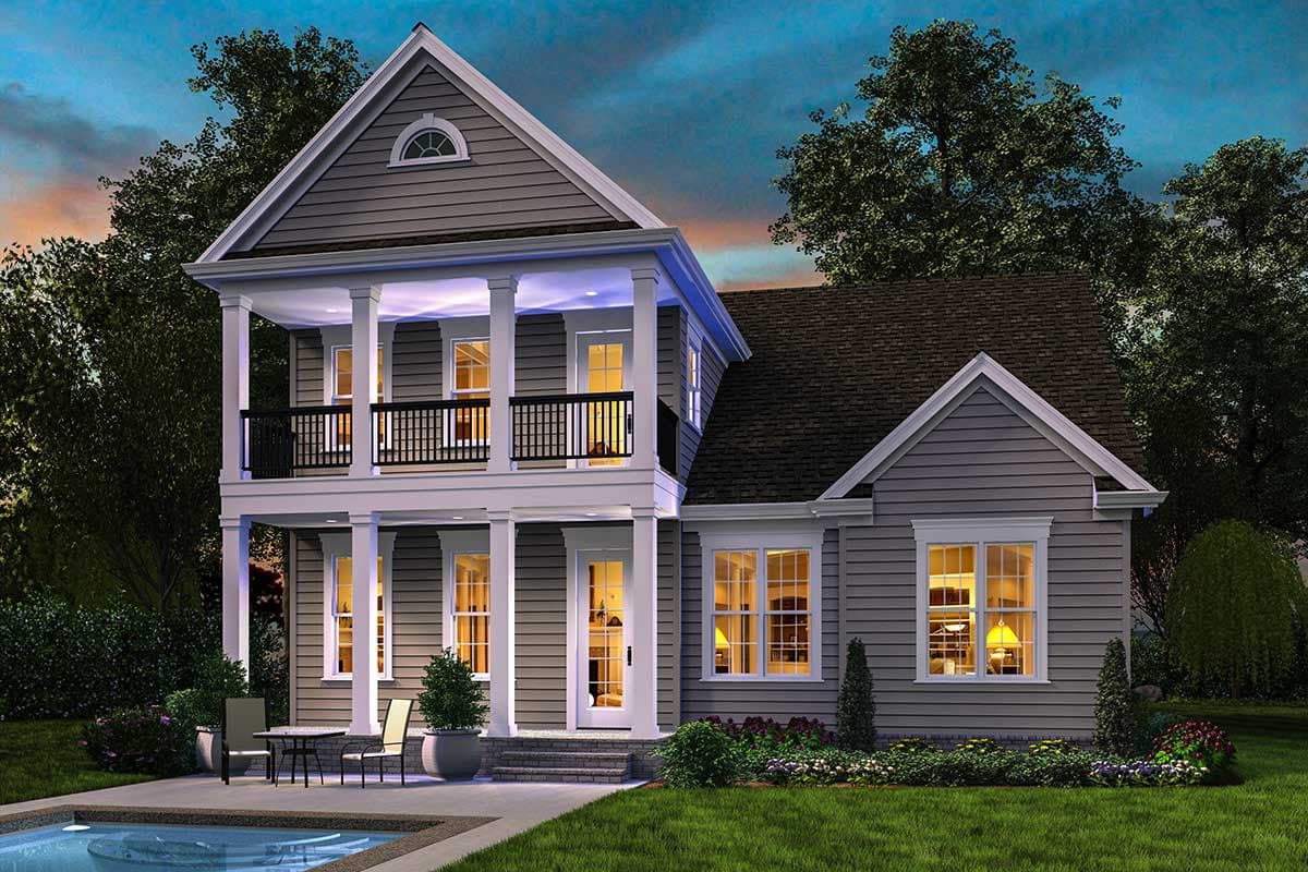 House plan exterior of a two-story home with a covered second-story balcony, columns, gables, and dormer window.