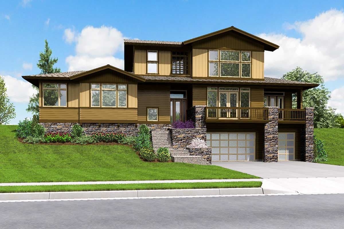 House plan exterior: two-story contemporary home with stone base, large windows, upper balcony, and a three-car garage.