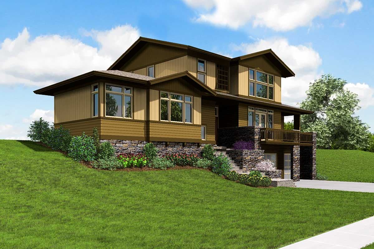 House plan exterior with stone foundation, covered porch, multiple gables, and large windows.