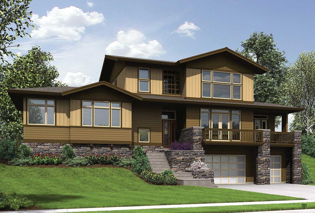 House plan exterior: Two-story contemporary home with stone base, broad eaves, large windows, covered balcony, and multi-car garage.