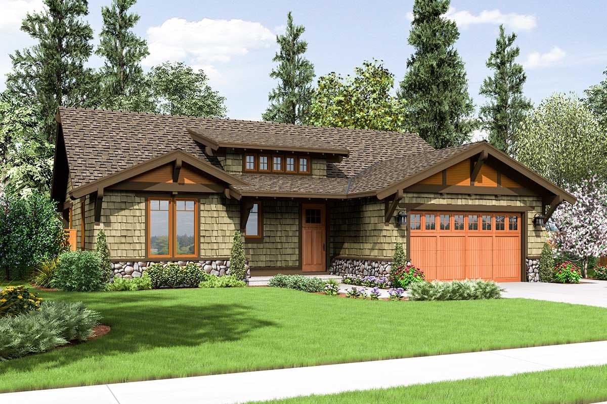 Craftsman-style house plan exterior. One story with gabled roof, stone accents, and attached garage. Includes dormers and a covered porch.
