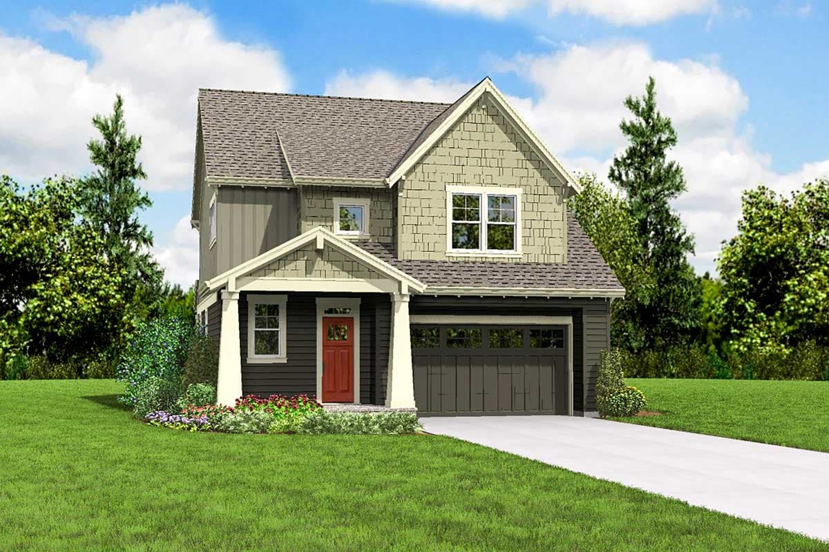 Two-story house plan exterior with covered front porch, gable roof, and side-entry garage.