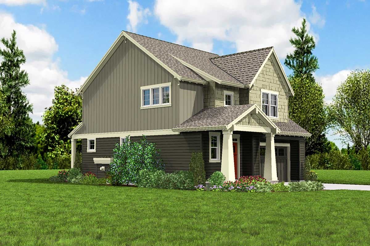 House plan exterior rendering: Two-story home with gabled roof, vertical siding, covered front porch with columns, and attached garage.