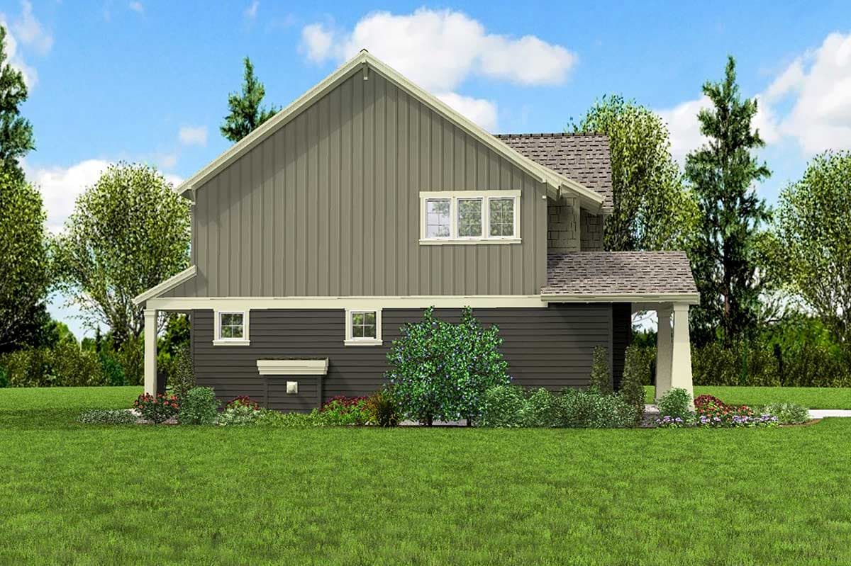 House plan exterior with gabled roof, vertical siding, multiple windows, and covered porch.