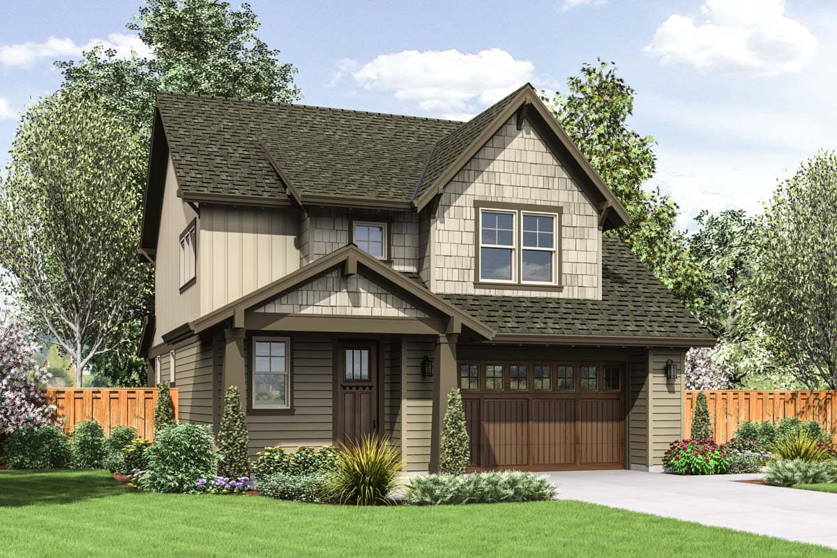 Craftsman style house plan exterior. Two stories with gabled dormers, covered entry porch, and attached garage.