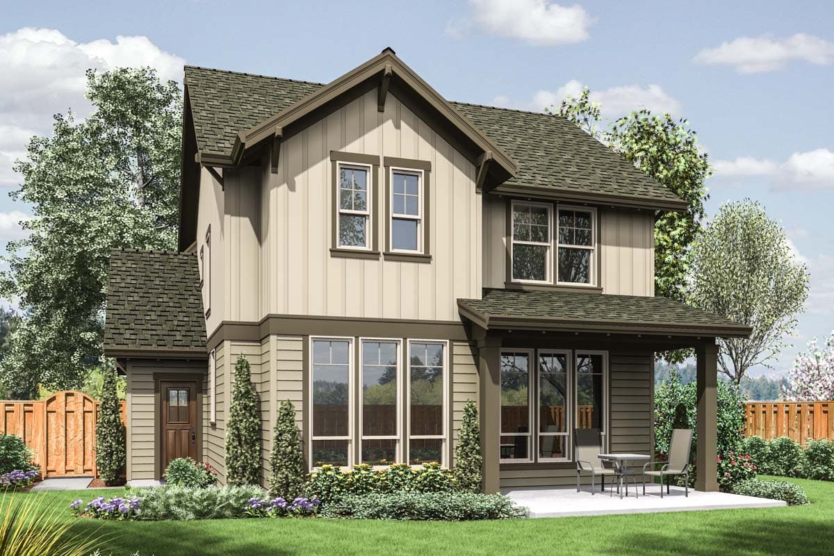 House plan exterior: two-story Modern Farmhouse with vertical siding, gables, dormers, and covered patio.