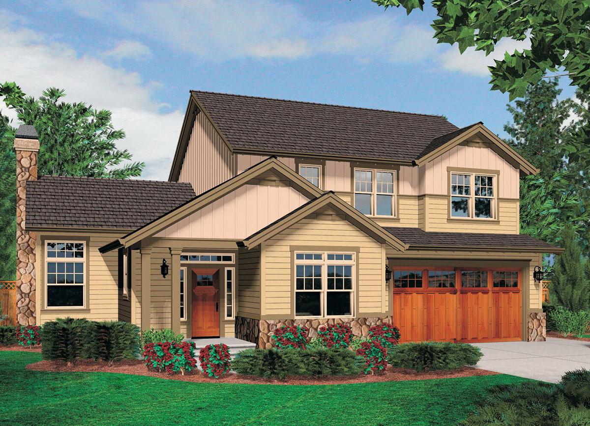 House plan exterior: Two-story, Modern Farmhouse style with stone foundation, prominent gables, wood garage door, and covered entry.