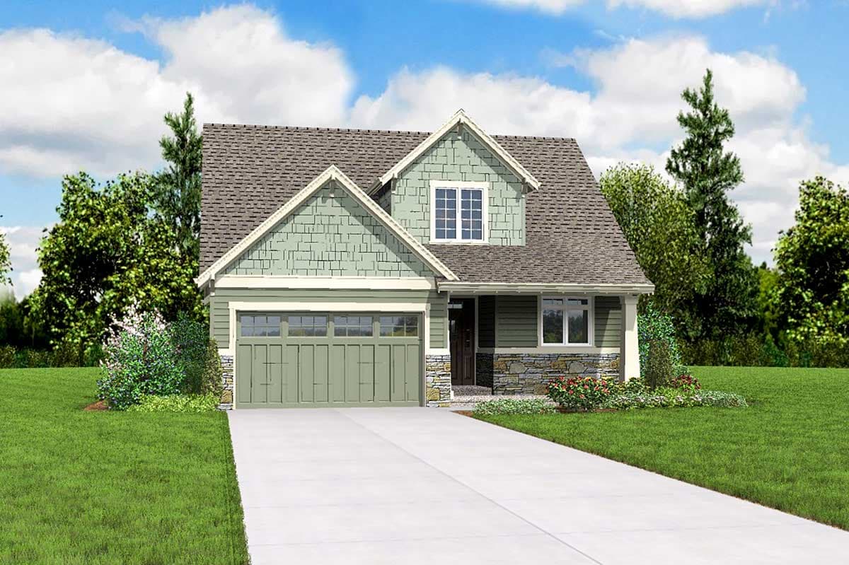 House plan exterior: Modern Farmhouse style, two stories, gable dormer, stone accents, and attached garage.