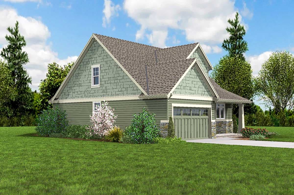 House plan exterior: Two-story home with a gable roof, shingle siding, stone accents, and a side-facing garage.