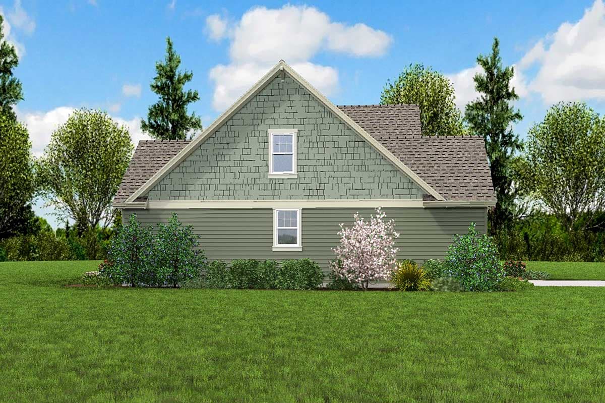 House plan exterior, one story, with gable end featuring decorative shingles and two windows.