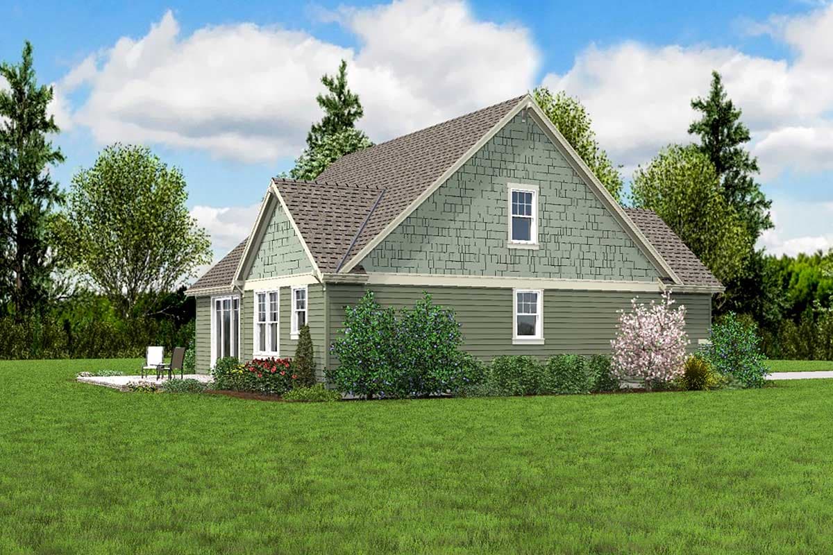 House plan exterior: one-story, gabled roof, two dormers, horizontal siding with shingle accents, and a patio.